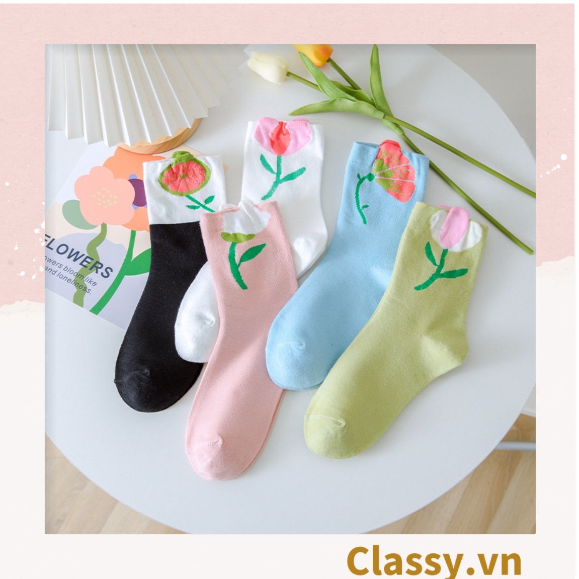 Classy Tất cổ cao, vớ cổ cao hoa tulip, chất cotton siêu êm G1347