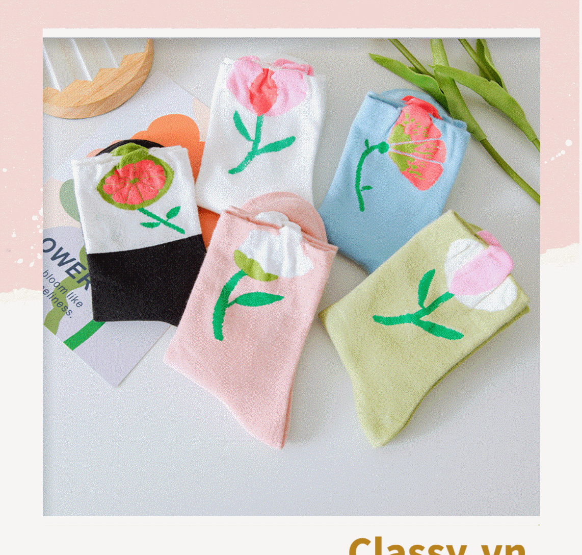 Classy Tất cổ cao, vớ cổ cao hoa tulip, chất cotton siêu êm G1347