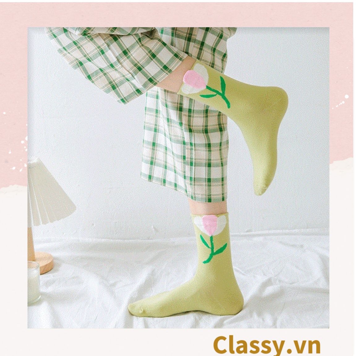  Classy Tất cổ cao, vớ cổ cao hoa tulip, chất cotton siêu êm G1347 