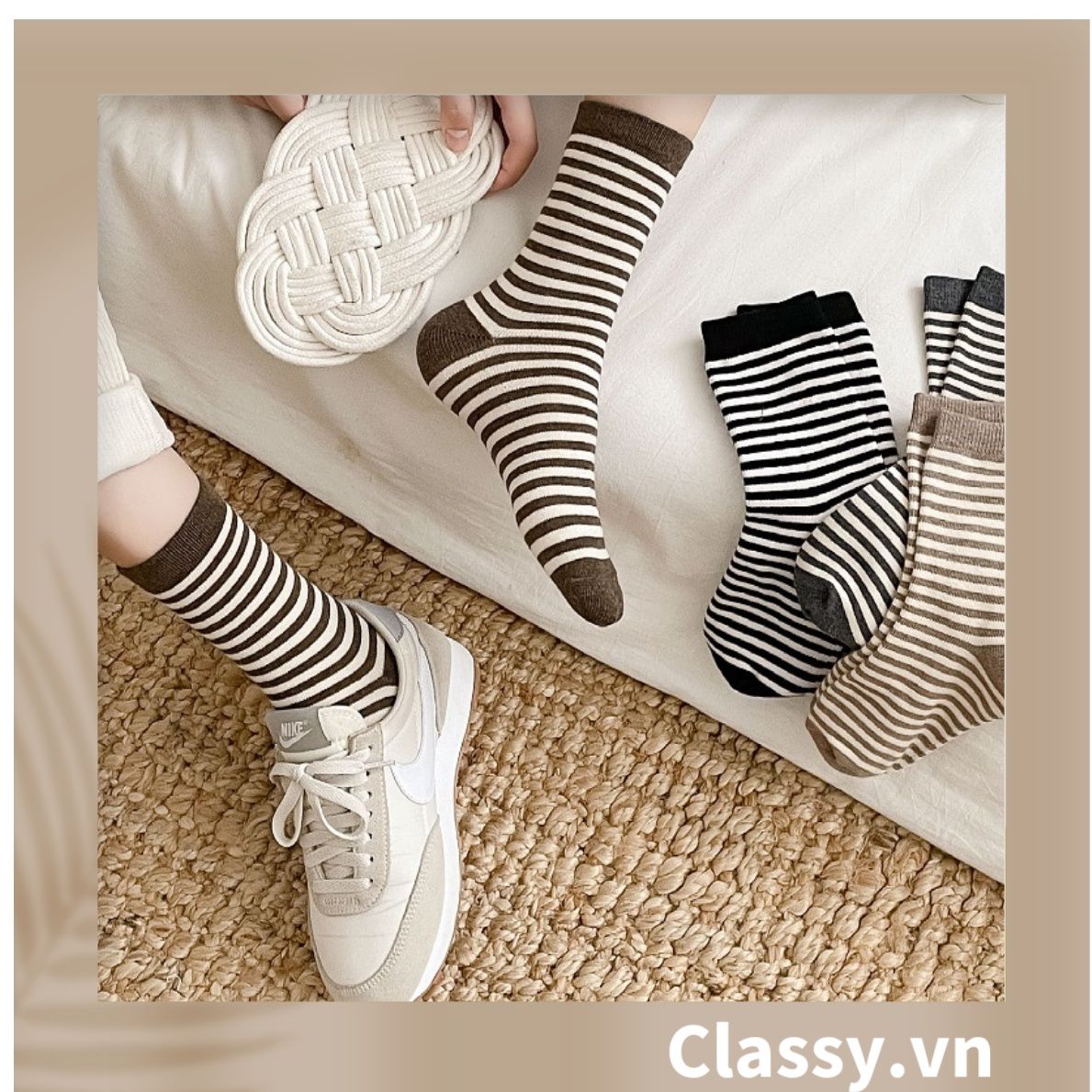 Classy Tất cổ cao, vớ cổ cao sọc nhỏ nhiều màu cho bạn lựa chọn G1348
