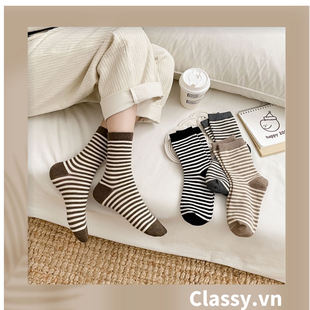 Classy Tất cổ cao, vớ cổ cao sọc nhỏ nhiều màu cho bạn lựa chọn G1348