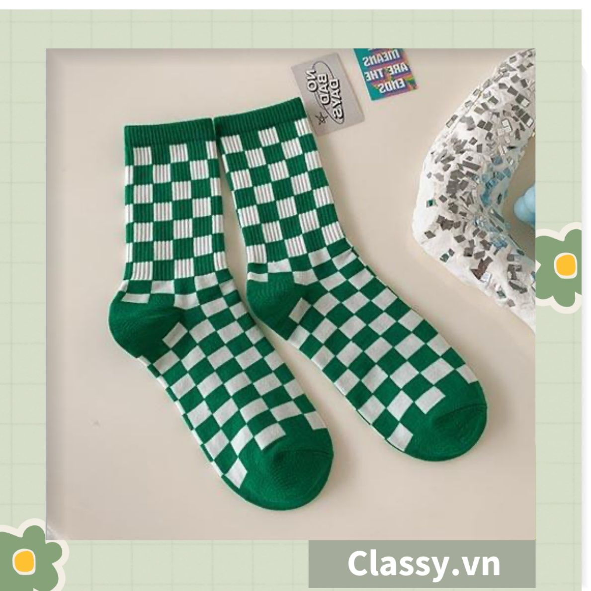 Classy Tất cổ cao, vớ cổ cao kiểu dáng thể thao phối trắng xanh, chất cotton siêu êm chân G1350