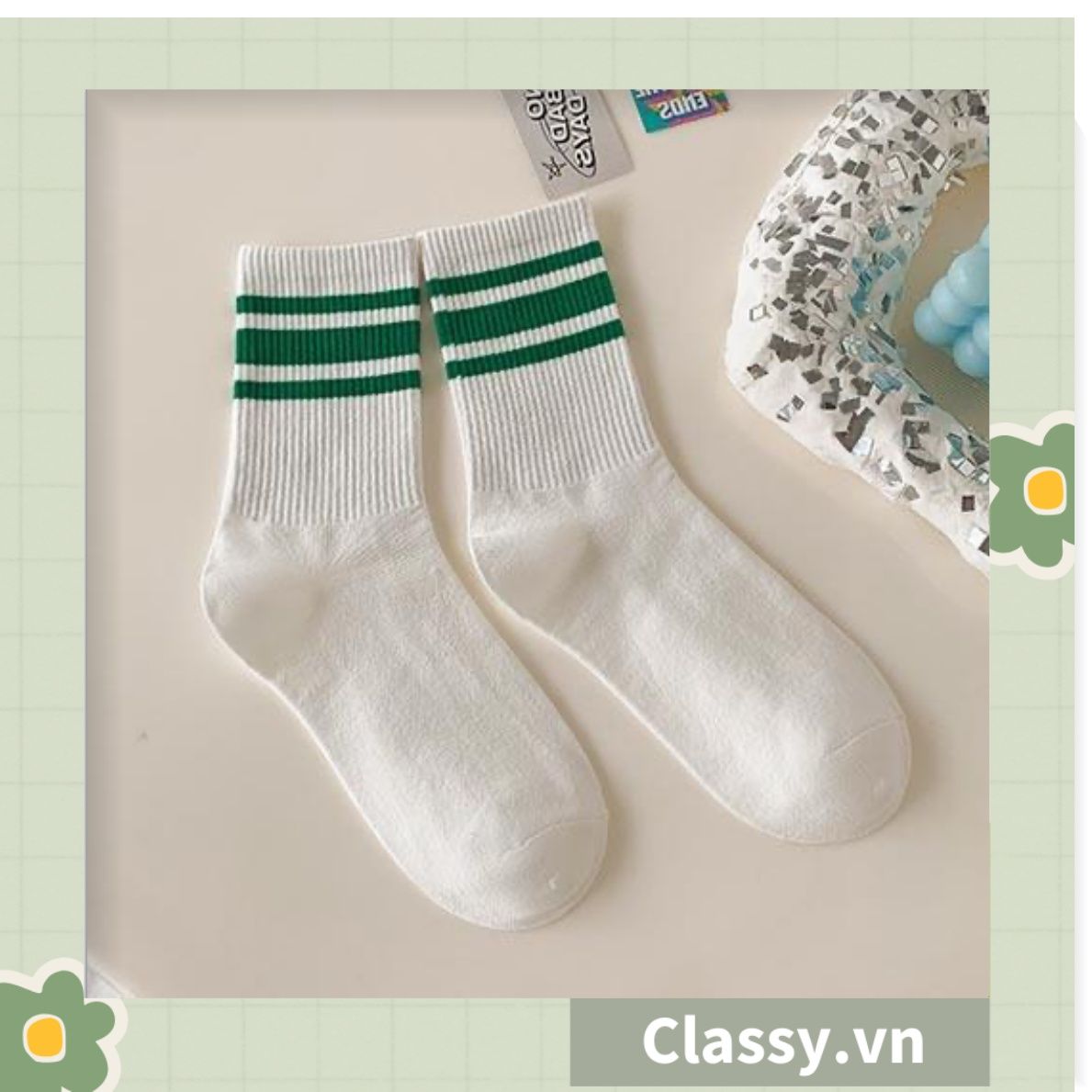 Classy Tất cổ cao, vớ cổ cao kiểu dáng thể thao phối trắng xanh, chất cotton siêu êm chân G1350