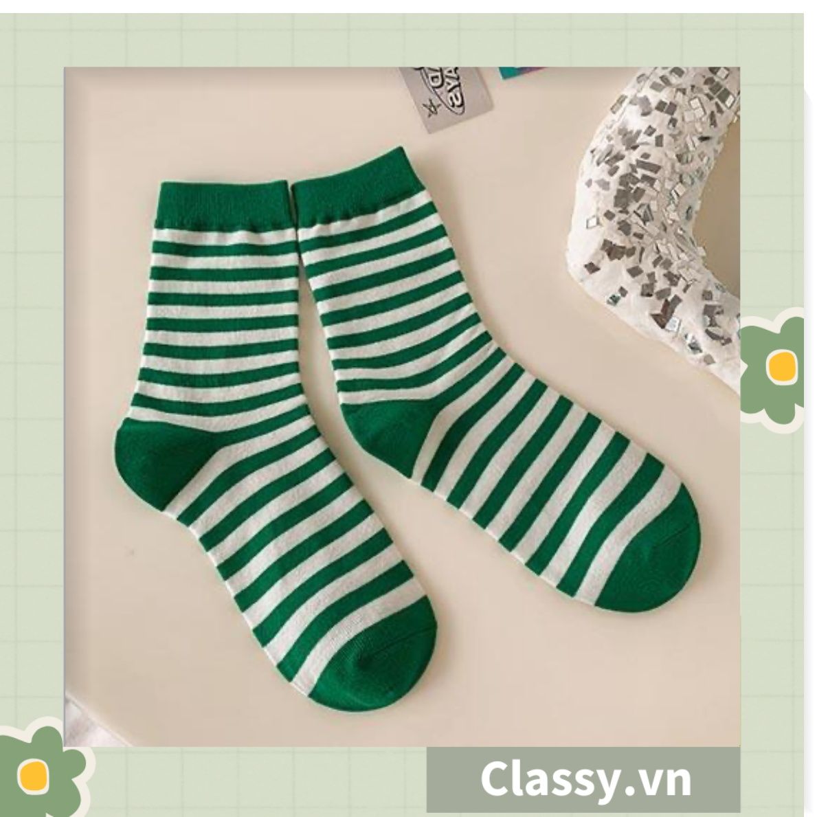  Classy Tất cổ cao, vớ cổ cao kiểu dáng thể thao phối trắng xanh, chất cotton siêu êm chân G1350 