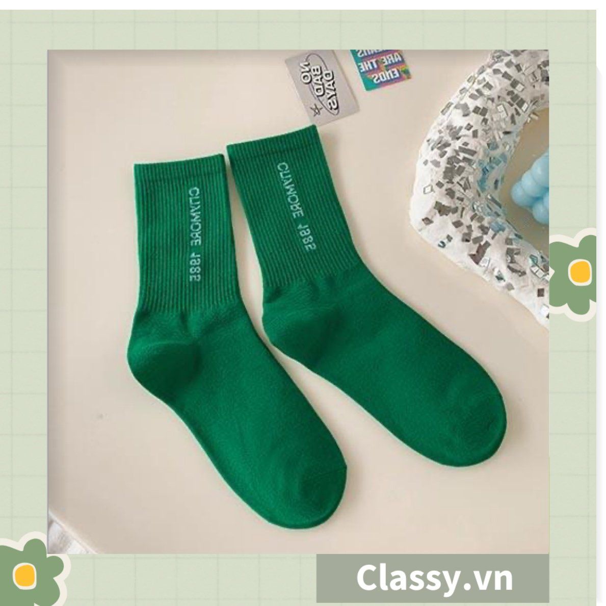 Classy Tất cổ cao, vớ cổ cao kiểu dáng thể thao phối trắng xanh, chất cotton siêu êm chân G1350