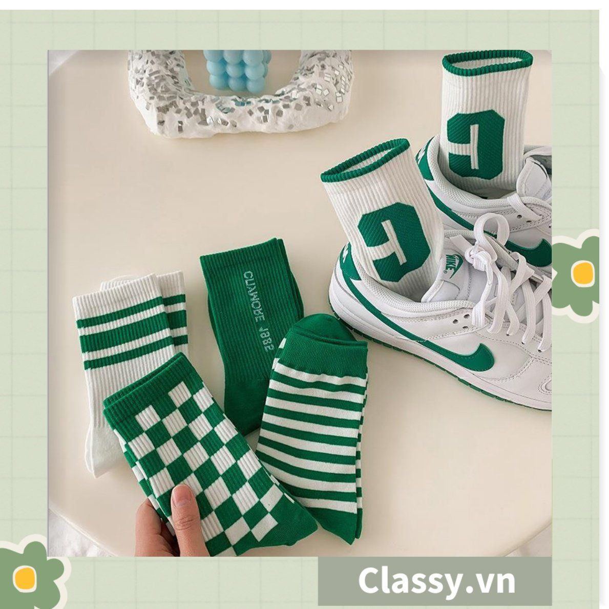 Classy Tất cổ cao, vớ cổ cao kiểu dáng thể thao phối trắng xanh, chất cotton siêu êm chân G1350