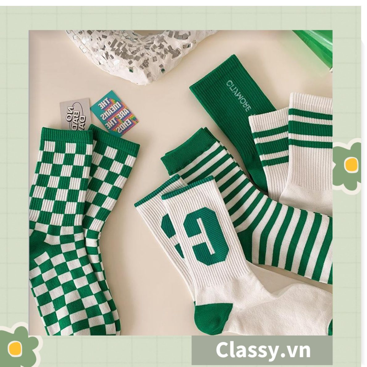 Classy Tất cổ cao, vớ cổ cao kiểu dáng thể thao phối trắng xanh, chất cotton siêu êm chân G1350