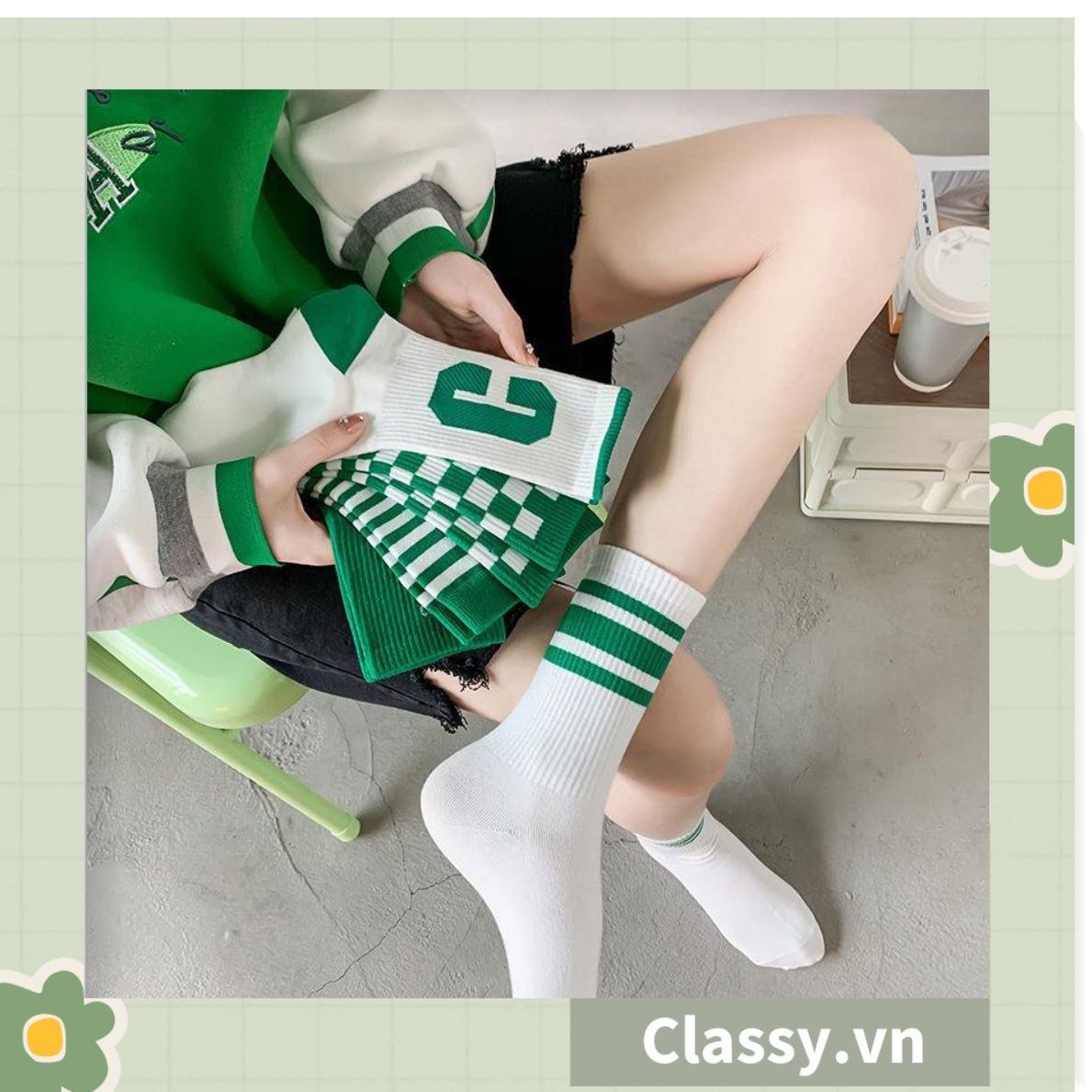 Classy Tất cổ cao, vớ cổ cao kiểu dáng thể thao phối trắng xanh, chất cotton siêu êm chân G1350