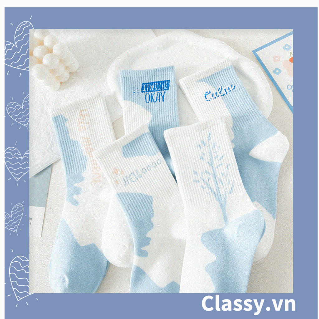  Classy Tất cổ cao, vớ cổ cao màu xanh trắng, chất cotton êm chân G1354 