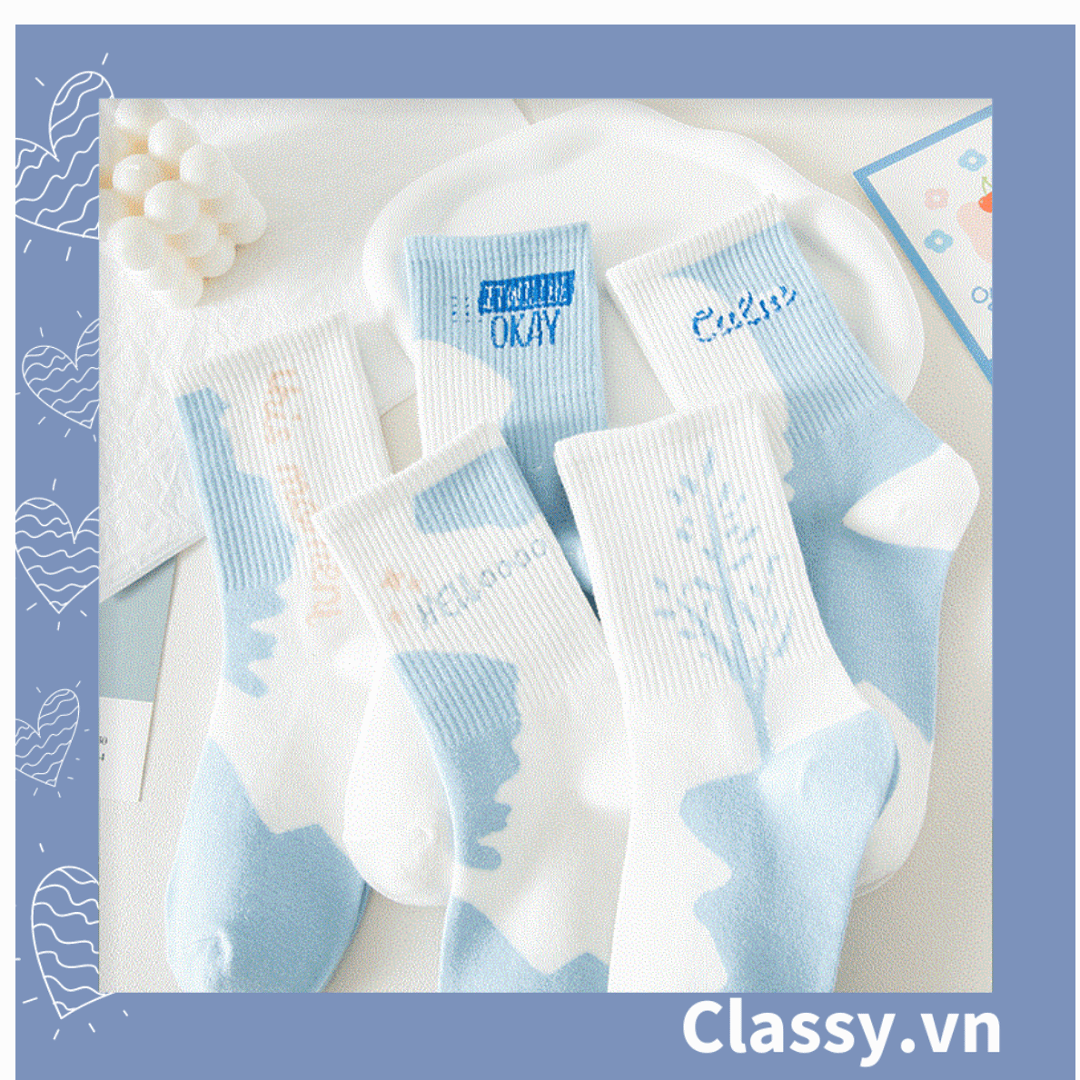 Classy Tất cổ cao, vớ cổ cao màu xanh trắng, chất cotton êm chân G1354