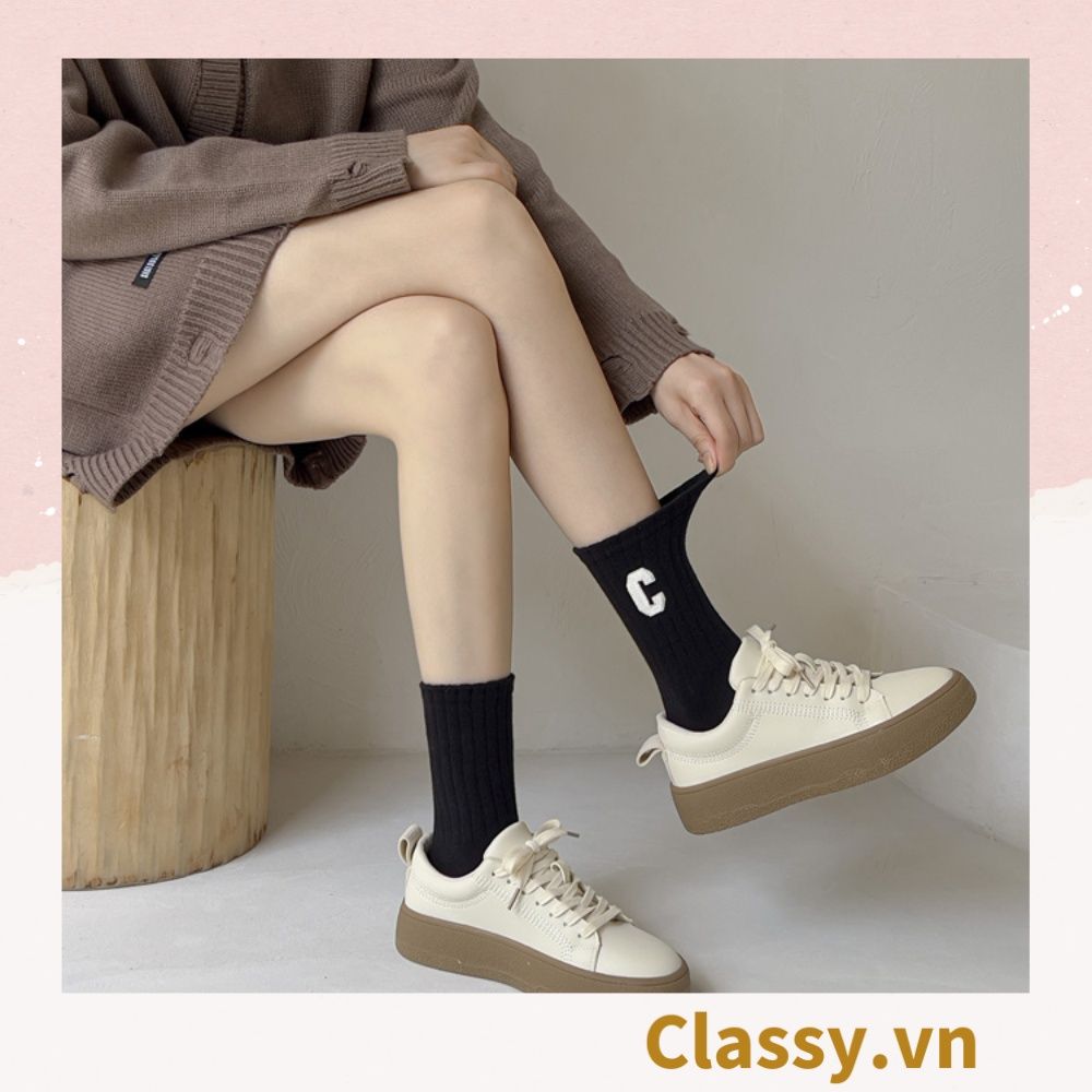 Classy Tất cổ cao, vớ cổ cao in chữ, màu trung tính basic G1363