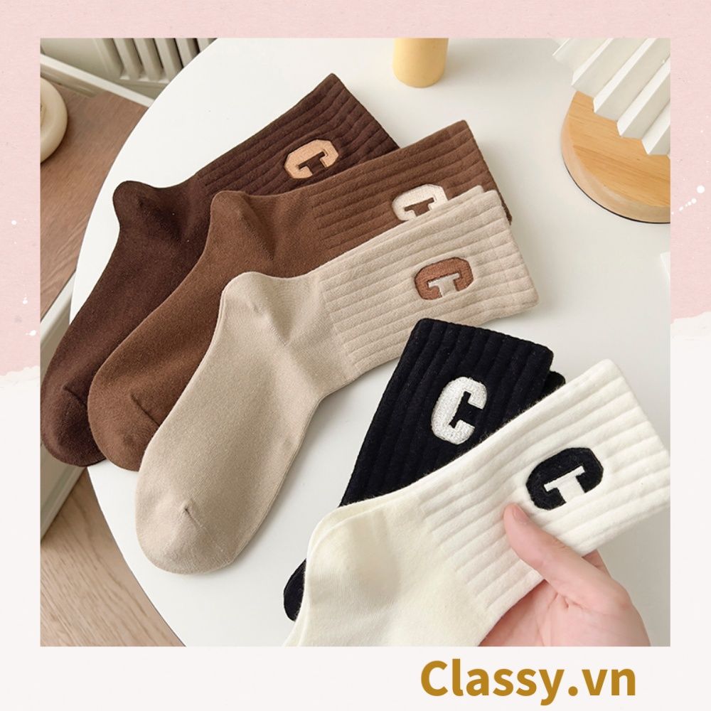 Classy Tất cổ cao, vớ cổ cao in chữ, màu trung tính basic G1363