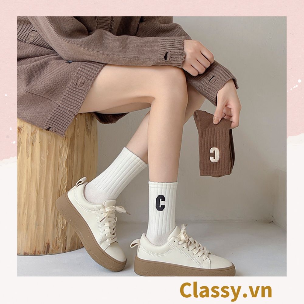 Classy Tất cổ cao, vớ cổ cao in chữ, màu trung tính basic G1363