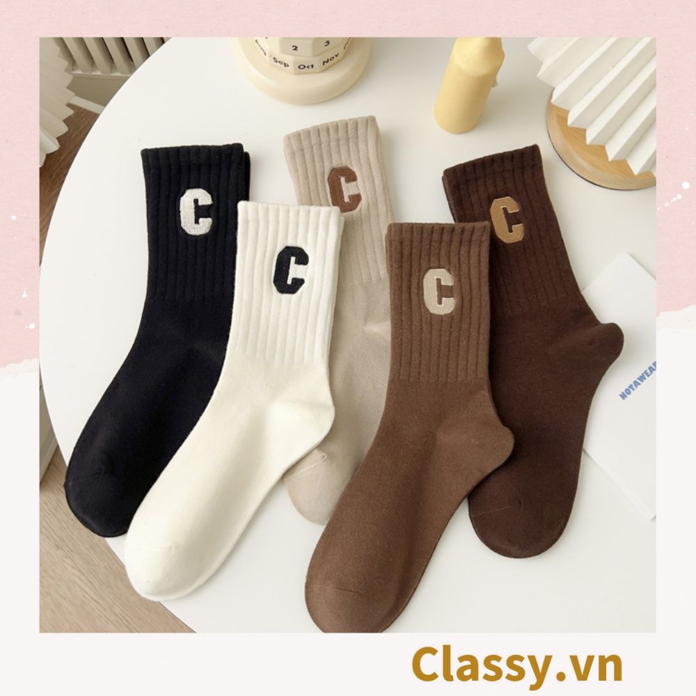 Classy Tất cổ cao, vớ cổ cao in chữ, màu trung tính basic G1363