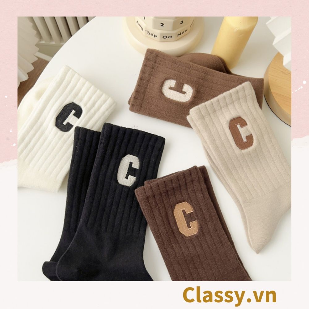 Classy Tất cổ cao, vớ cổ cao in chữ, màu trung tính basic G1363
