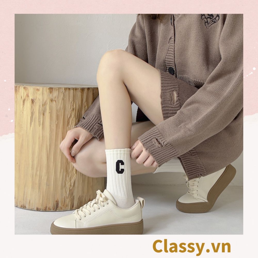 Classy Tất cổ cao, vớ cổ cao in chữ, màu trung tính basic G1363