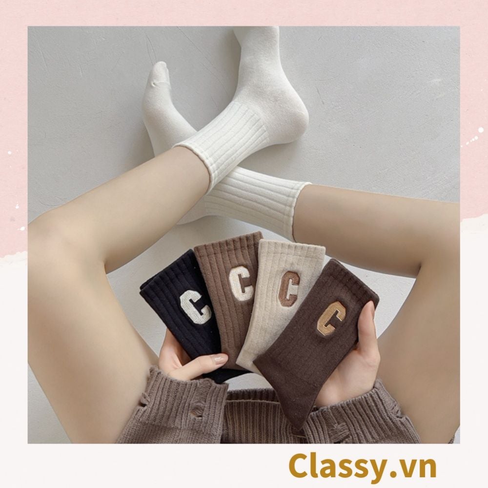 Classy Tất cổ cao, vớ cổ cao in chữ, màu trung tính basic G1363