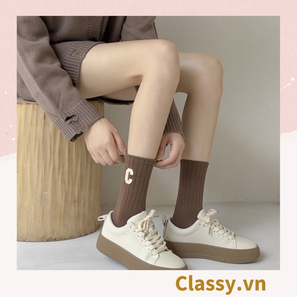 Classy Tất cổ cao, vớ cổ cao in chữ, màu trung tính basic G1363