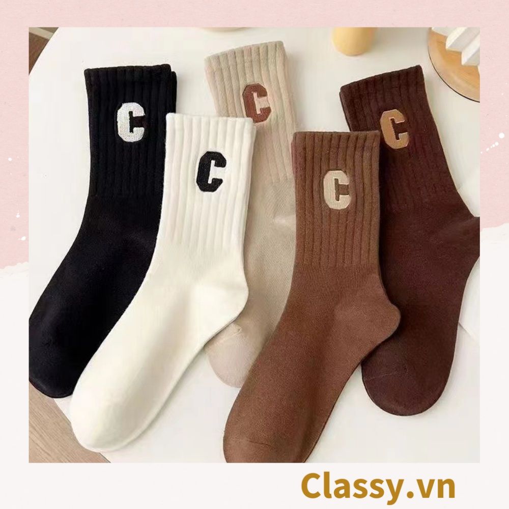 Classy Tất cổ cao, vớ cổ cao in chữ, màu trung tính basic G1363