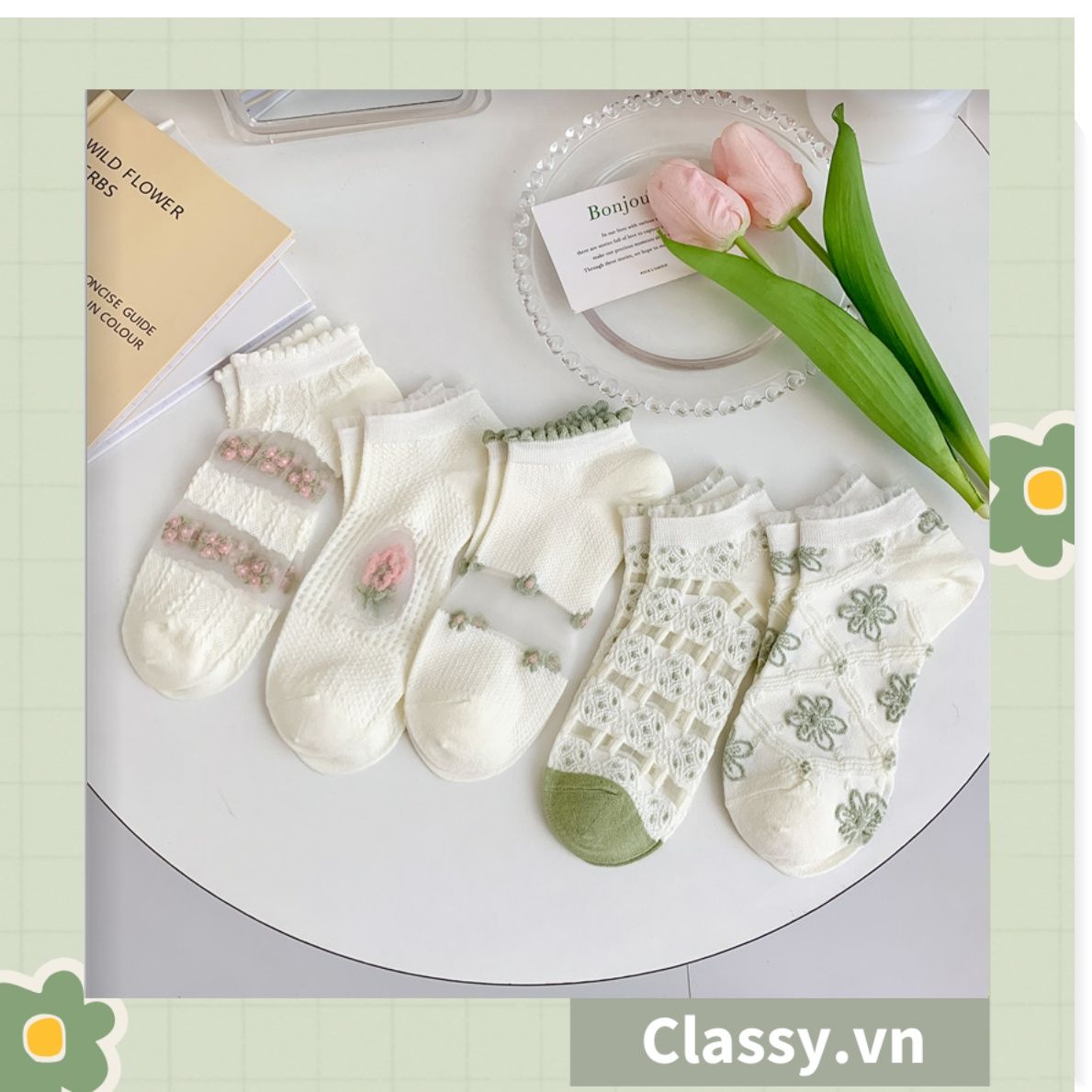  Classy Tất mỏng phối ren mix họa tiết ngẫu nhiên G1389 