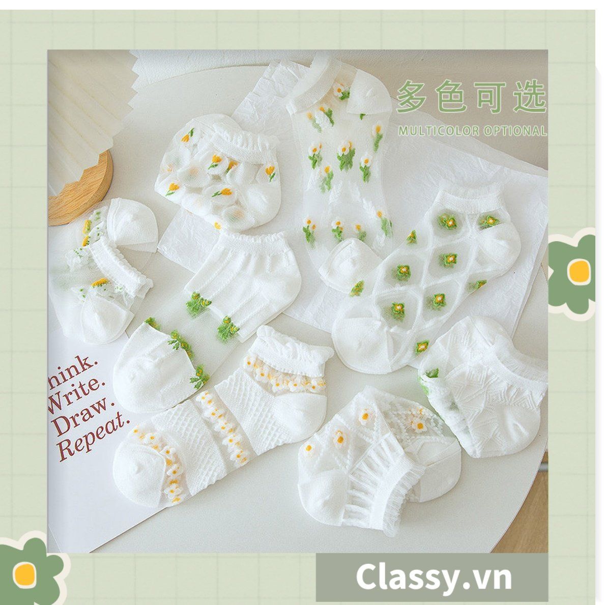  Classy Tất mỏng phối ren mix họa tiết ngẫu nhiên G1389 