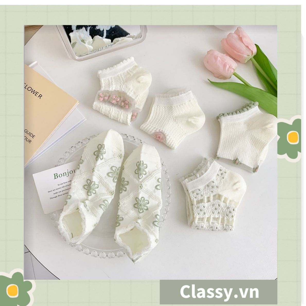  Classy Tất mỏng phối ren mix họa tiết ngẫu nhiên G1389 