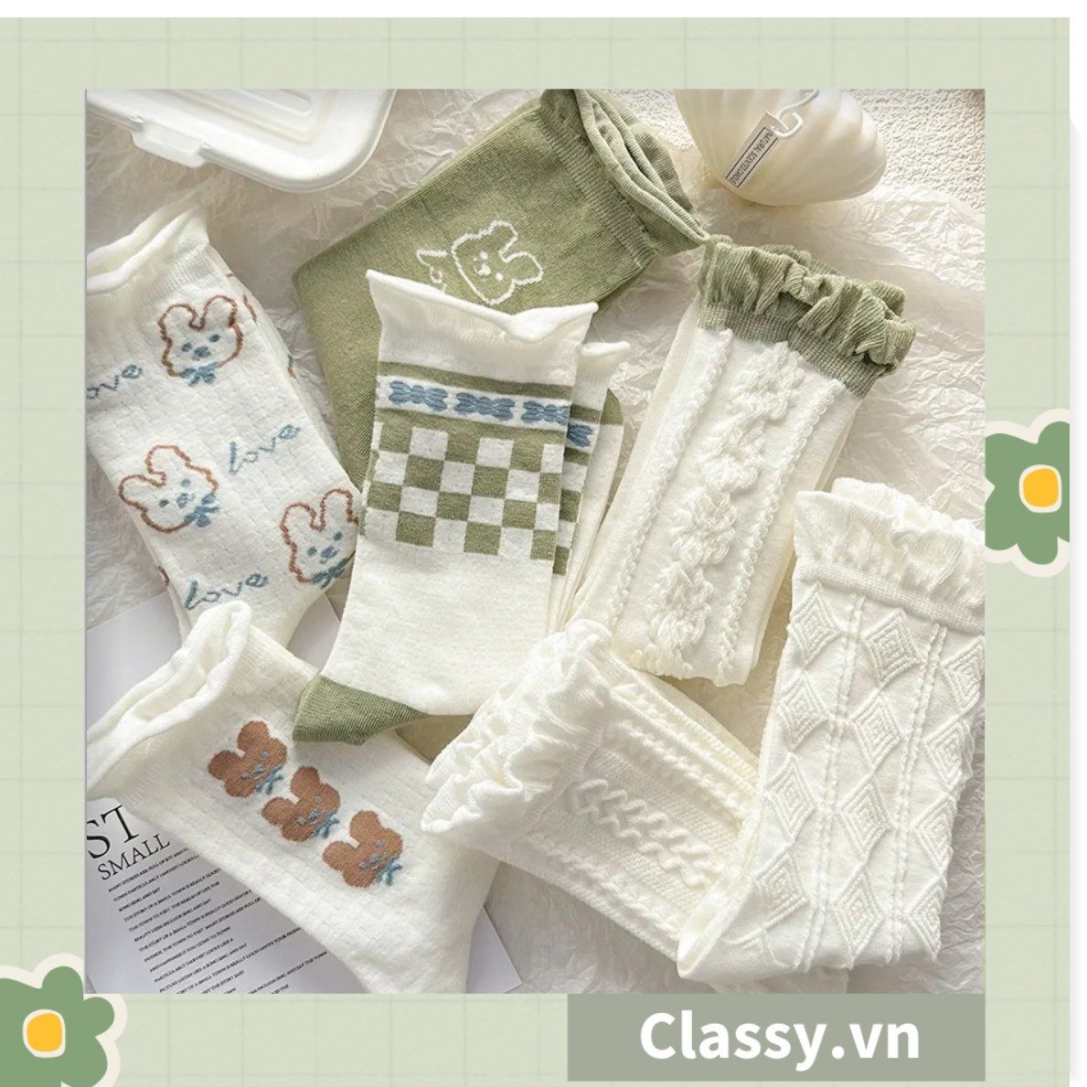 Classy Tất cổ cao, vớ cổ cao tai bèo chất liệu cotton nhiều họa tiết G1390 - G1391 - G1392 - G1393