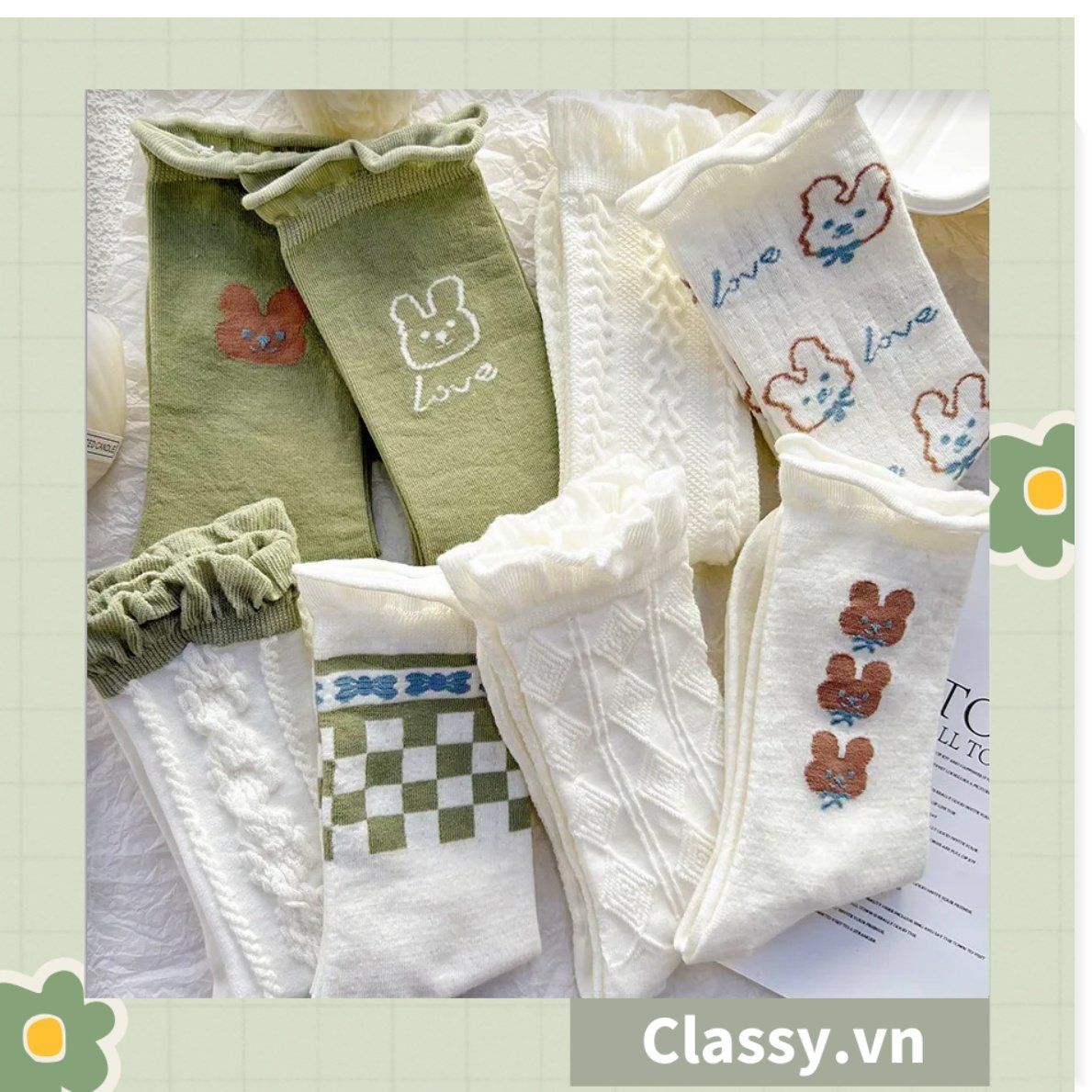  Classy Tất cổ cao, vớ cổ cao tai bèo chất liệu cotton nhiều họa tiết G1390 - G1391 - G1392 - G1393 