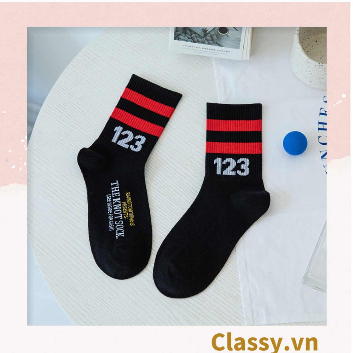 Classy Tất cổ cao, vớ cổ cao trắng đen chất cotton sọc thể thao G1394