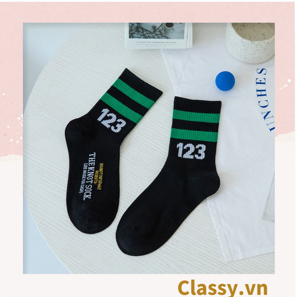 Classy Tất cổ cao, vớ cổ cao trắng đen chất cotton sọc thể thao G1394
