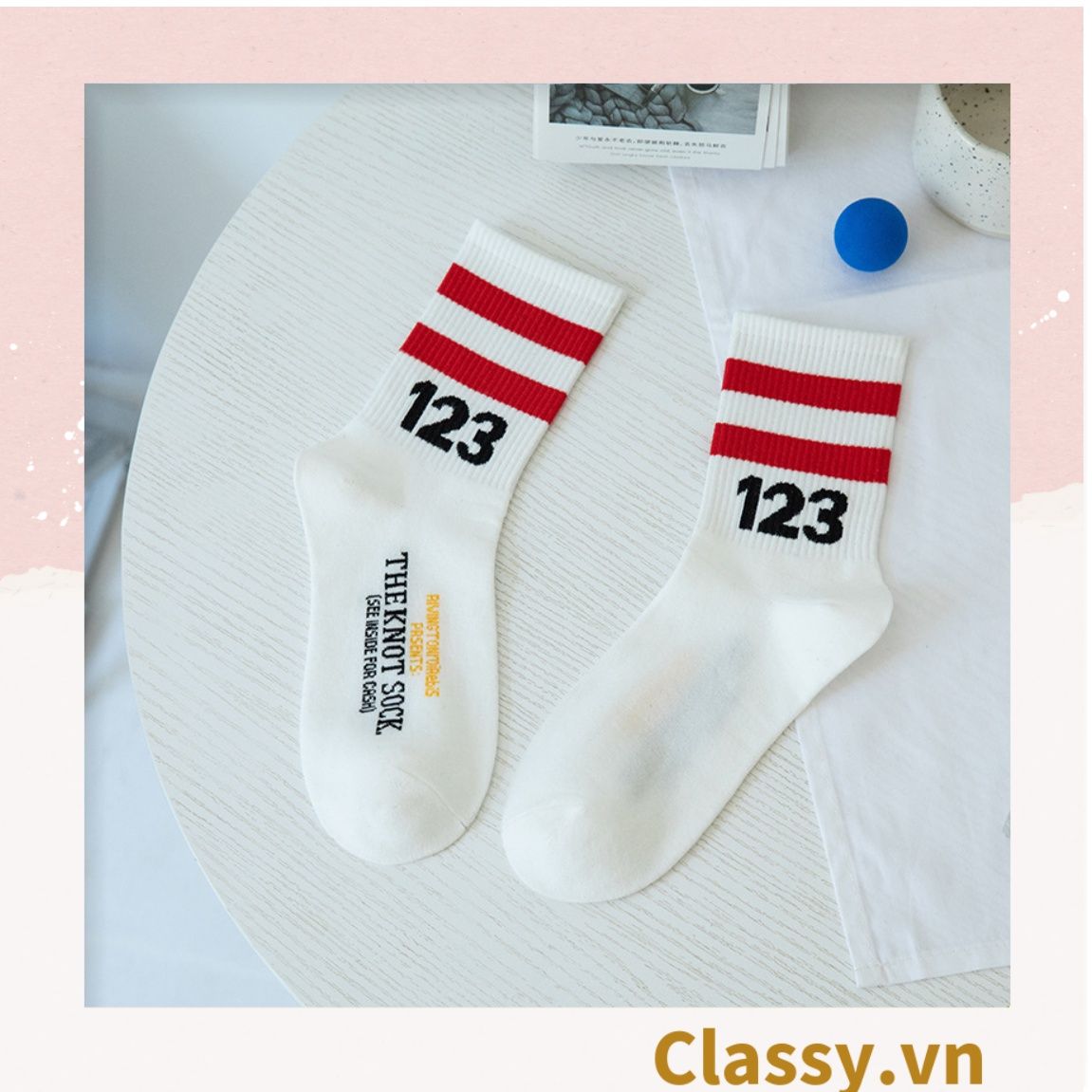 Classy Tất cổ cao, vớ cổ cao trắng đen chất cotton sọc thể thao G1394