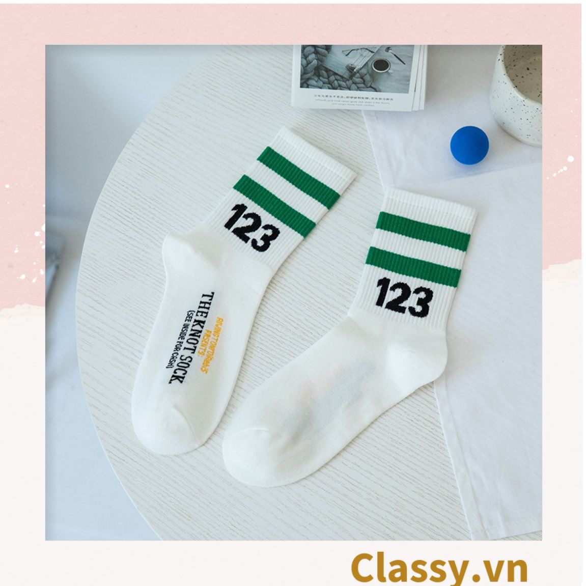  Classy Tất cổ cao, vớ cổ cao trắng đen chất cotton sọc thể thao G1394 