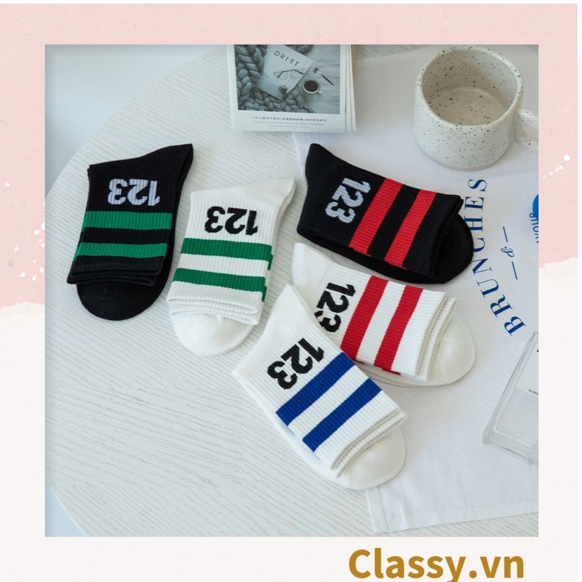 Classy Tất cổ cao, vớ cổ cao trắng đen chất cotton sọc thể thao G1394