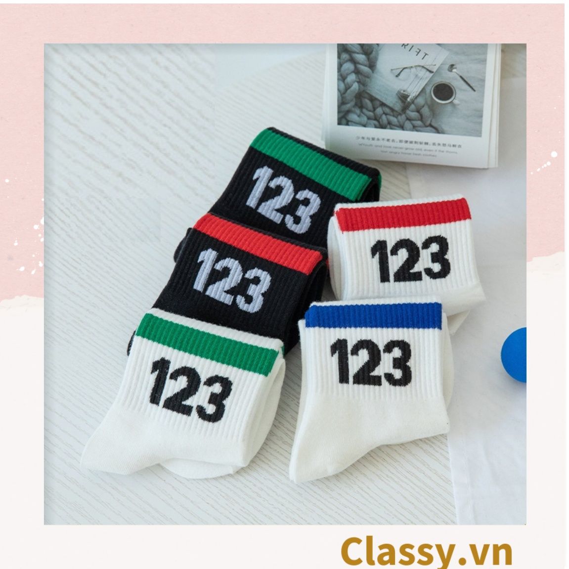 Classy Tất cổ cao, vớ cổ cao trắng đen chất cotton sọc thể thao G1394