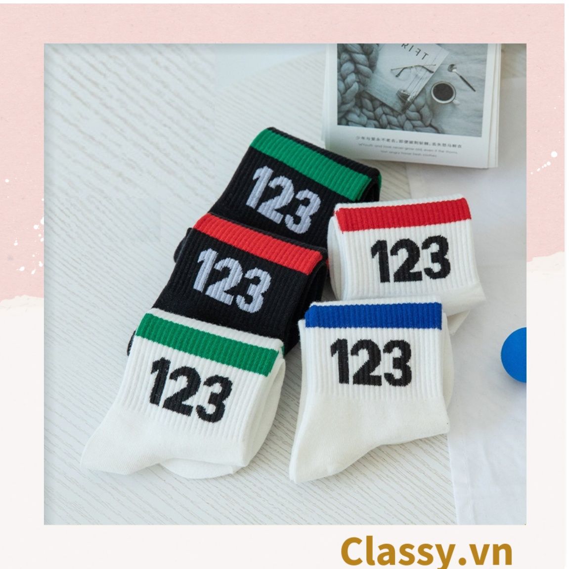  Classy Tất cổ cao, vớ cổ cao trắng đen chất cotton sọc thể thao G1394 