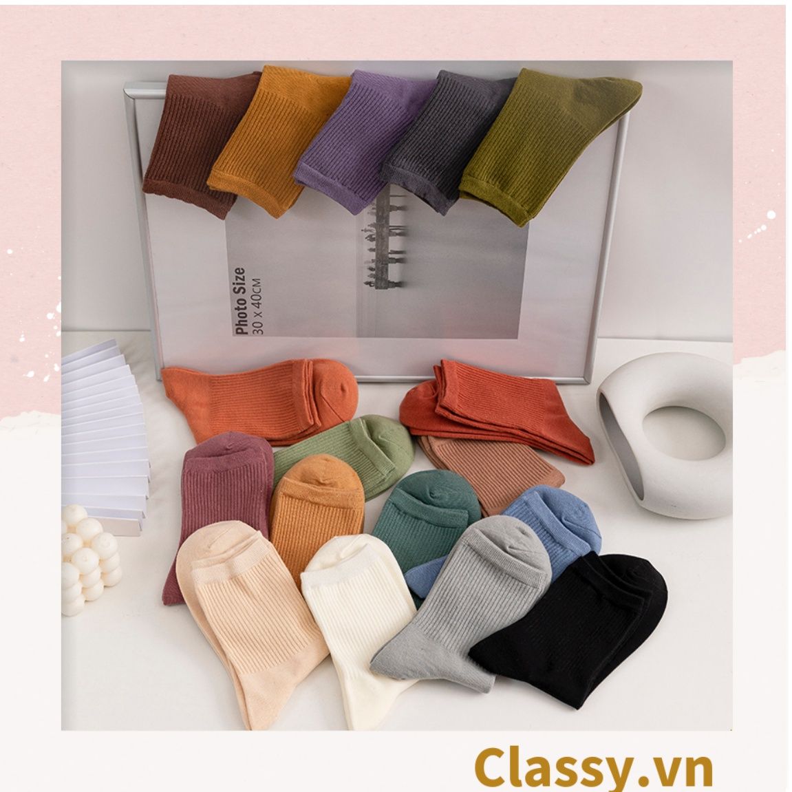 Classy Combo 2 đôi tất cotton cổ cao trơn nhiều màu G1401