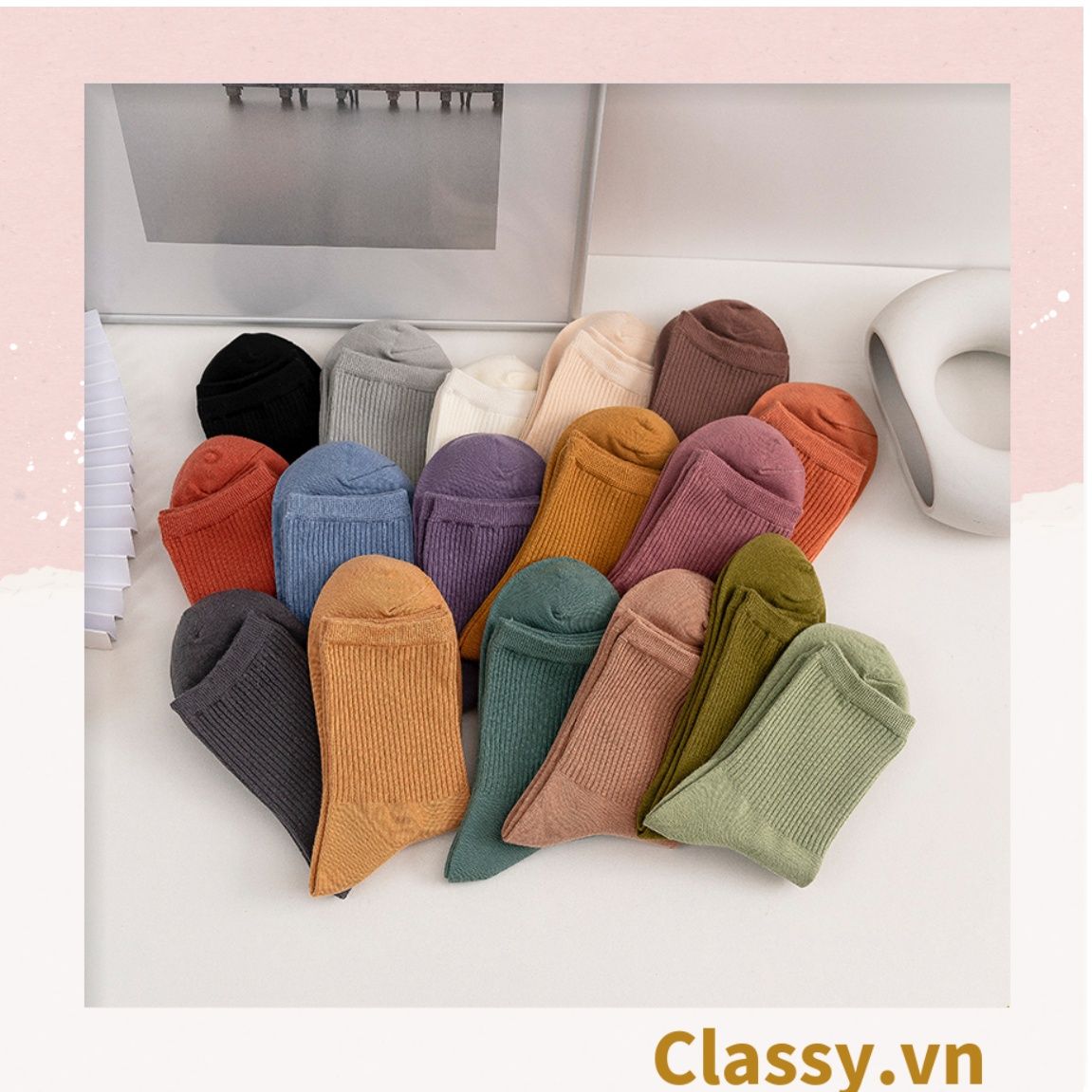 Classy Combo 2 đôi tất cotton cổ cao trơn nhiều màu G1401