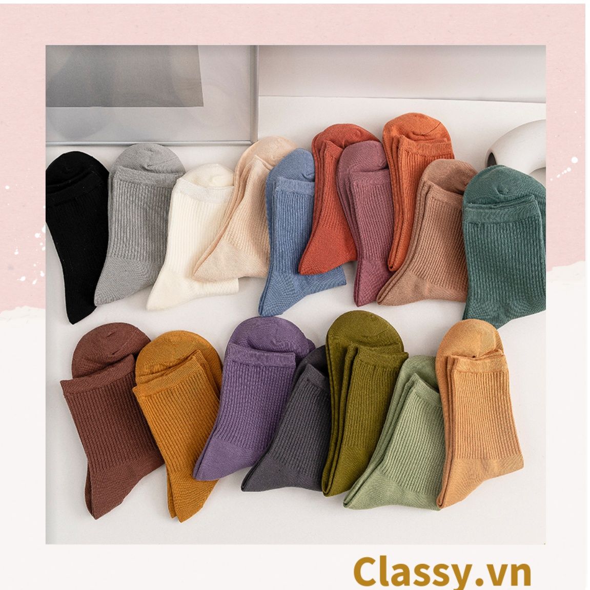 Classy Combo 2 đôi tất cotton cổ cao trơn nhiều màu G1401