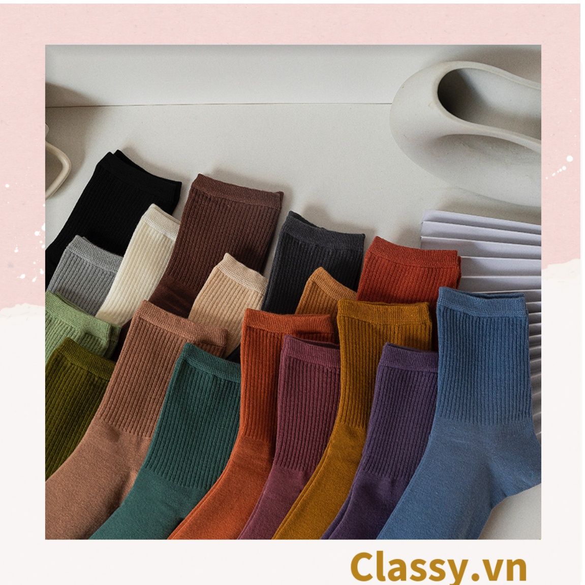  Classy Combo 2 đôi tất cotton cổ cao trơn nhiều màu G1401 