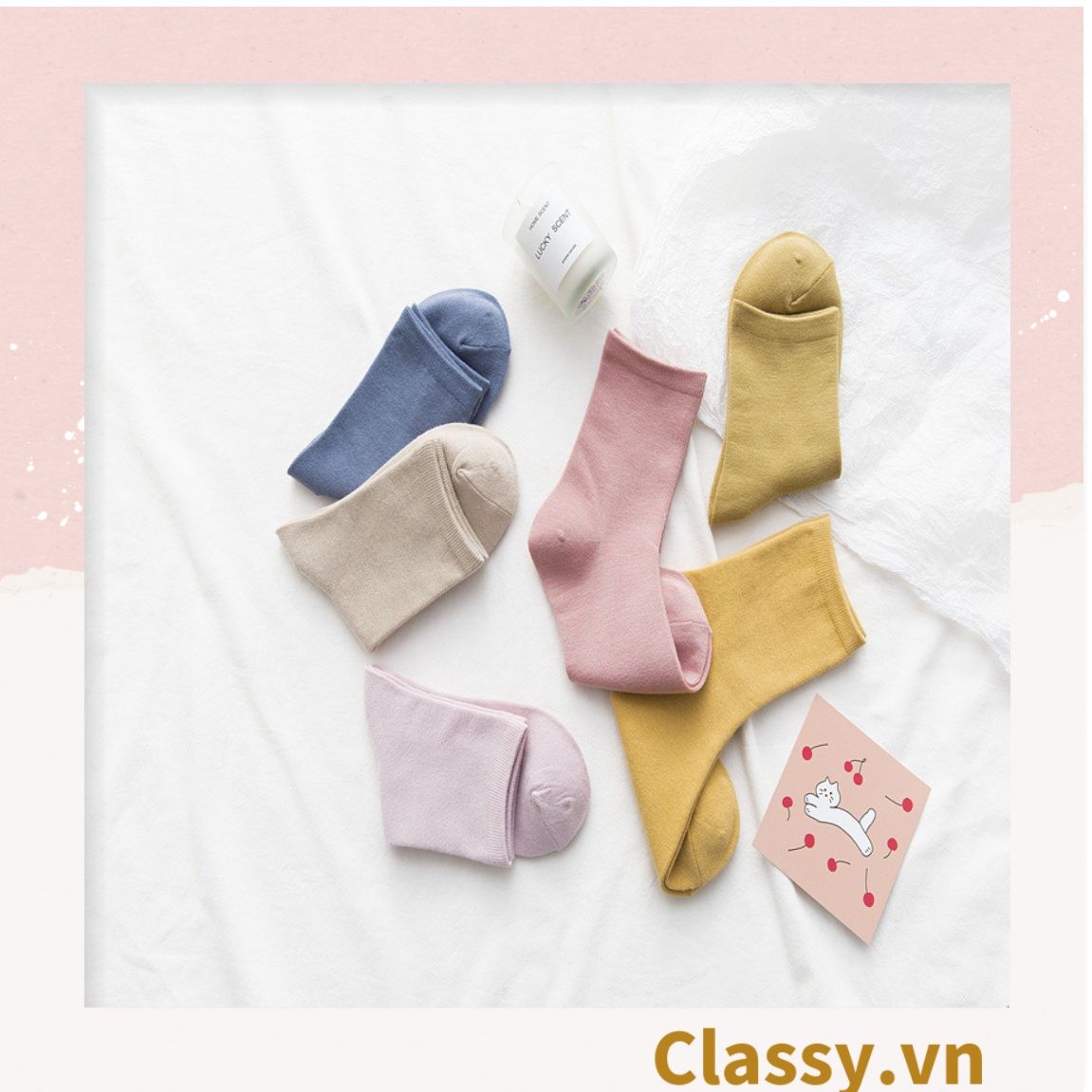 Classy Combo 2 đôi tất cotton cổ cao trơn nhiều màu G1401