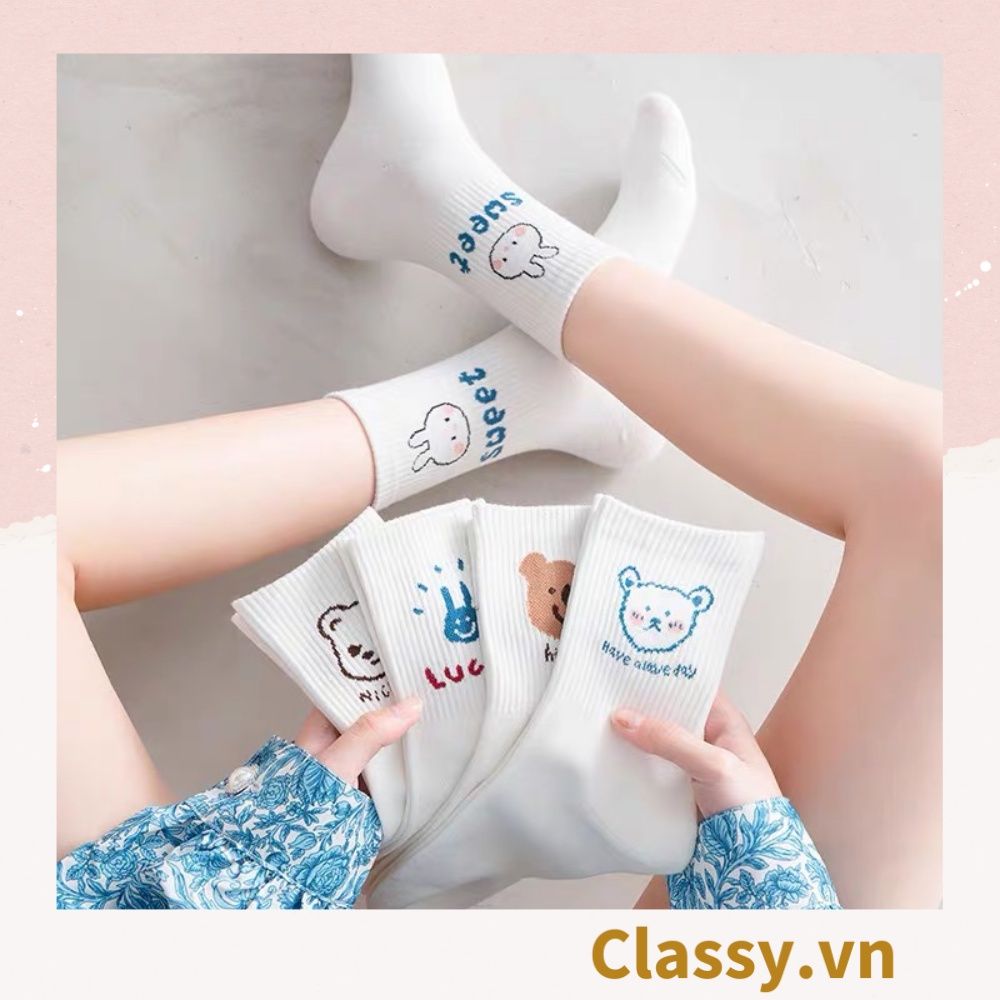  Classy Tất trắng cổ cao chất liệu cotton, họa tiết ngẫu nhiên G1429 