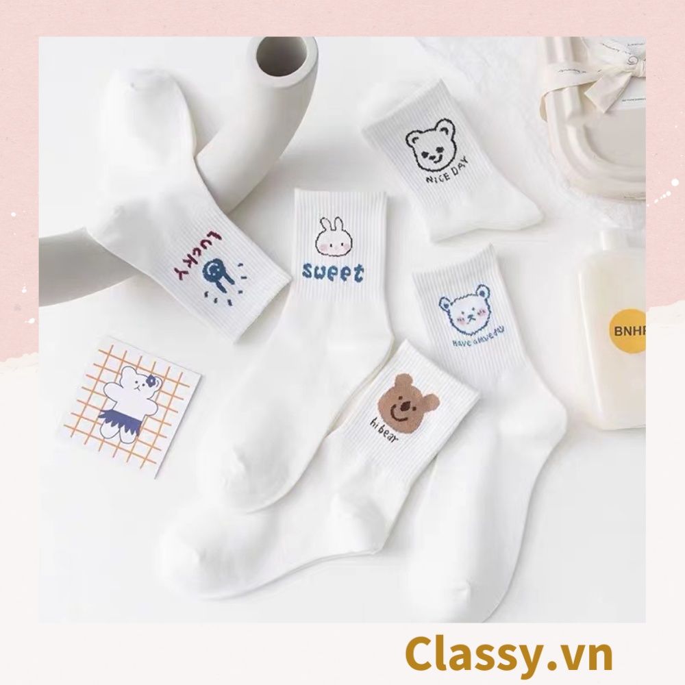  Classy Tất trắng cổ cao chất liệu cotton, họa tiết ngẫu nhiên G1429 