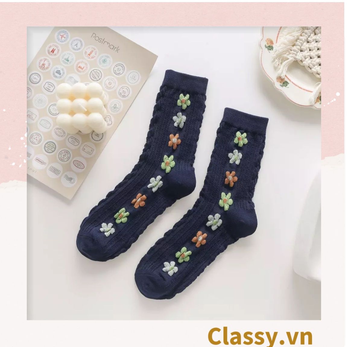 Classy Tất cổ cao, tất cổ ngắn màu trung trính, họa tiết hàng bông chạy dọc thân độc đáo G1431 - G1453