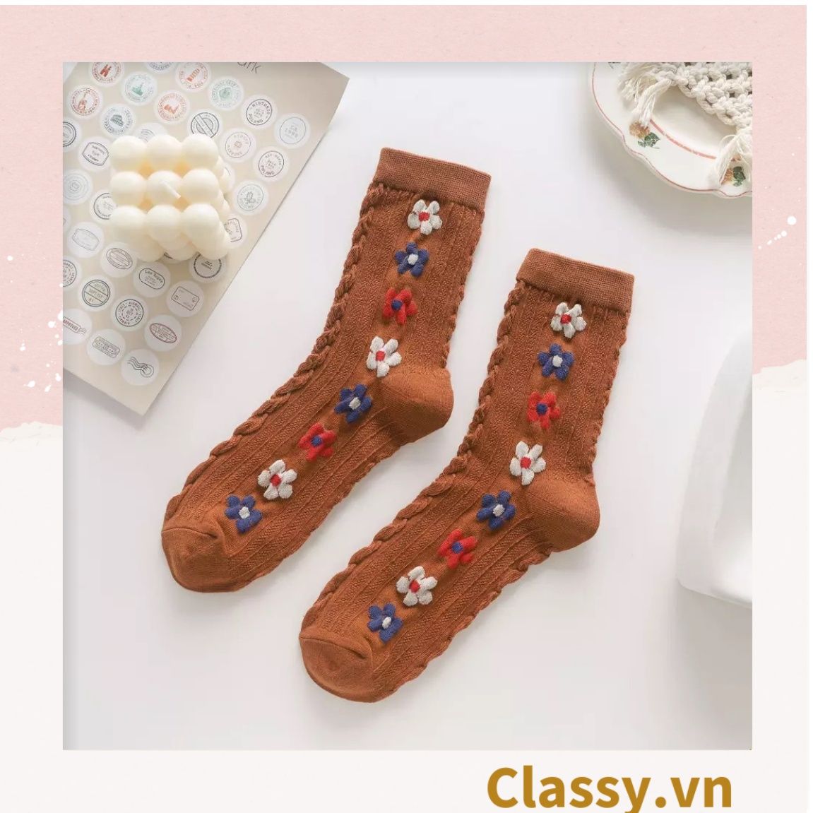 Classy Tất cổ cao, tất cổ ngắn màu trung trính, họa tiết hàng bông chạy dọc thân độc đáo G1431 - G1453