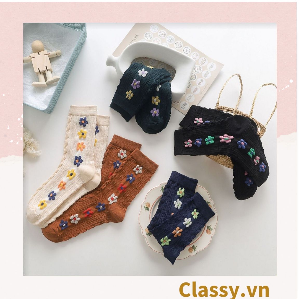 Classy Tất cổ cao, tất cổ ngắn màu trung trính, họa tiết hàng bông chạy dọc thân độc đáo G1431 - G1453