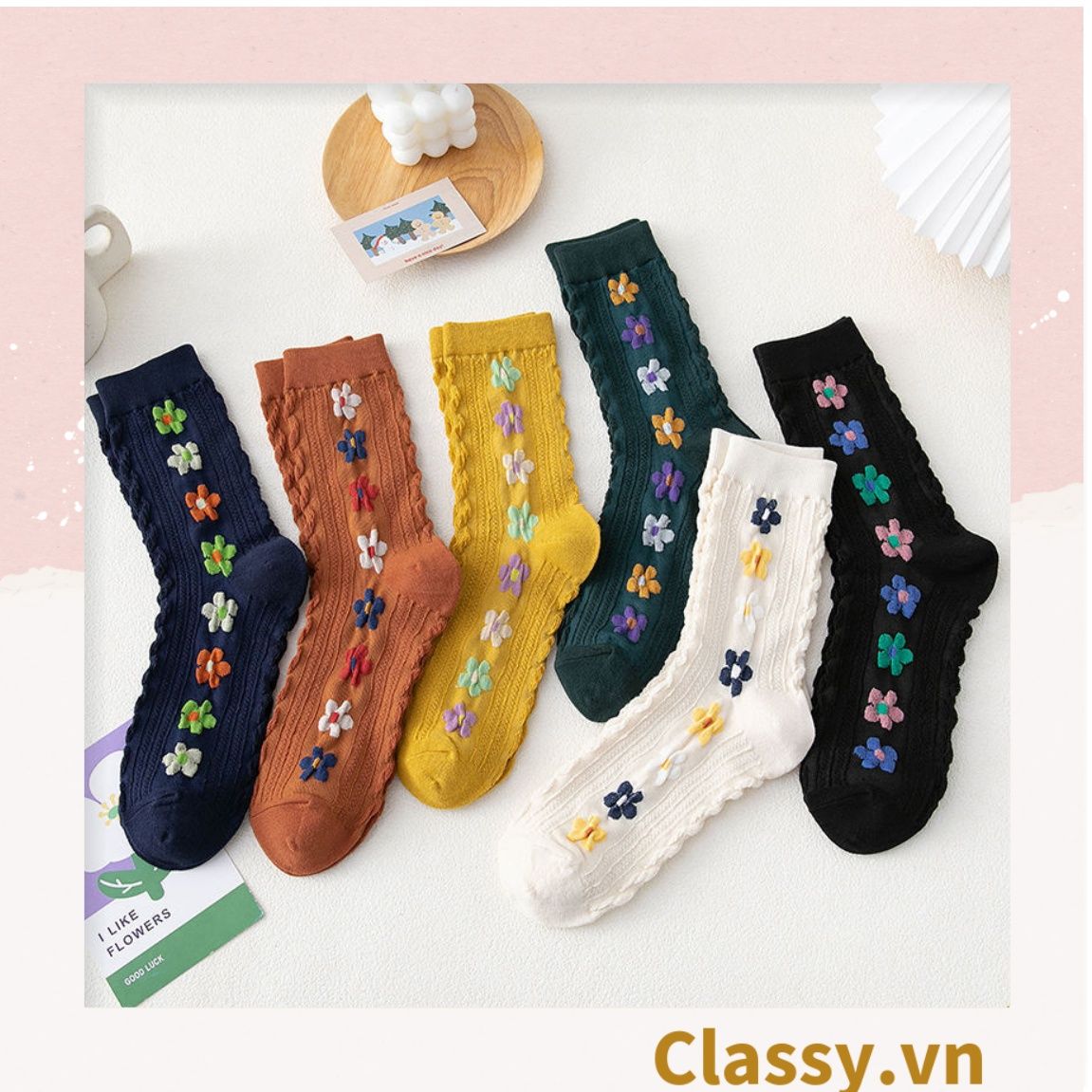 Classy Tất cổ cao, tất cổ ngắn màu trung trính, họa tiết hàng bông chạy dọc thân độc đáo G1431 - G1453