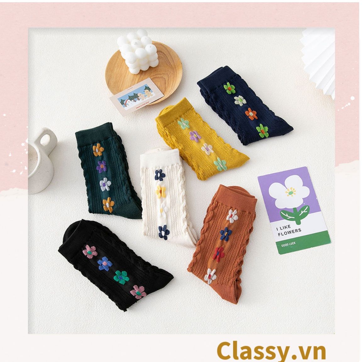 Classy Tất cổ cao, tất cổ ngắn màu trung trính, họa tiết hàng bông chạy dọc thân độc đáo G1431 - G1453