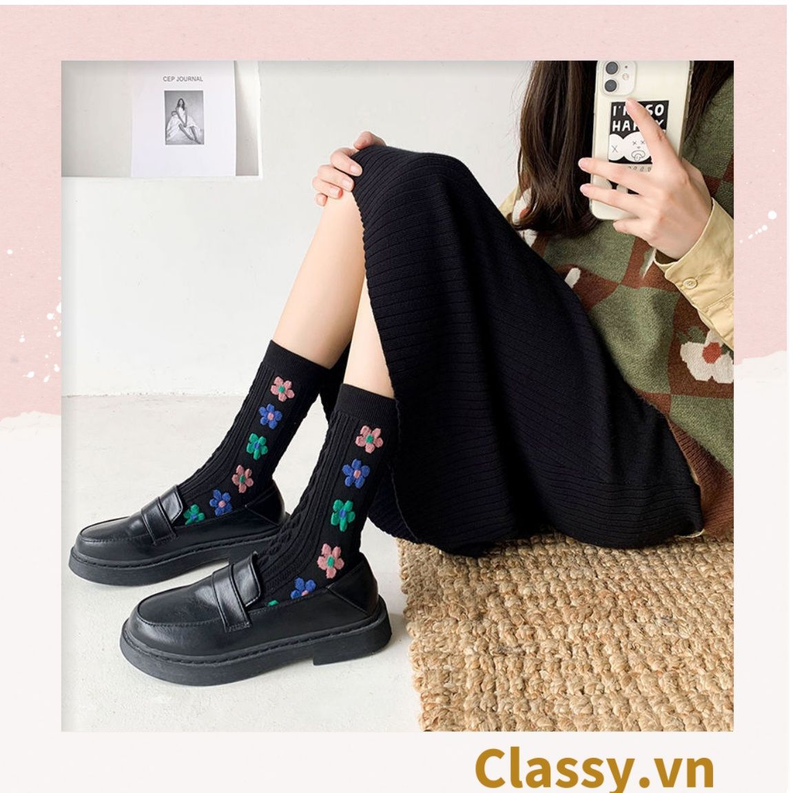 Classy Tất cổ cao, tất cổ ngắn màu trung trính, họa tiết hàng bông chạy dọc thân độc đáo G1431 - G1453
