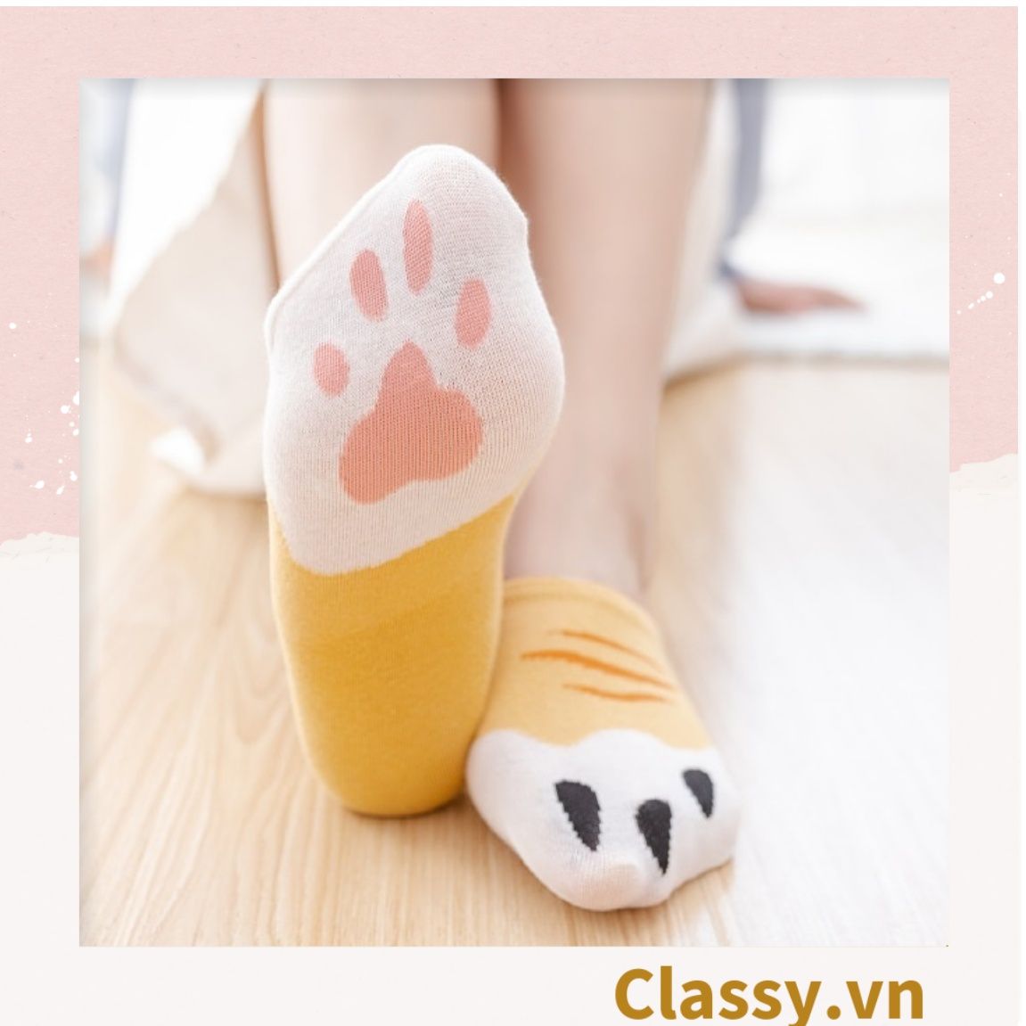  Classy Tất cổ ngắn, vớ cổ ngắn cotton họa tiết bàn chân phối hai màu dễ thương G1434 