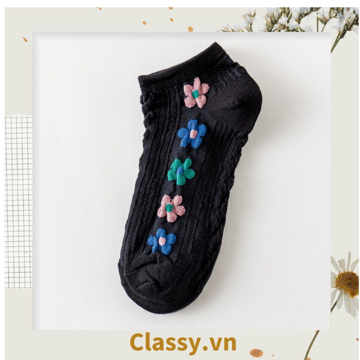 Classy Tất cổ cao, tất cổ ngắn màu trung trính, họa tiết hàng bông chạy dọc thân độc đáo G1431 - G1453